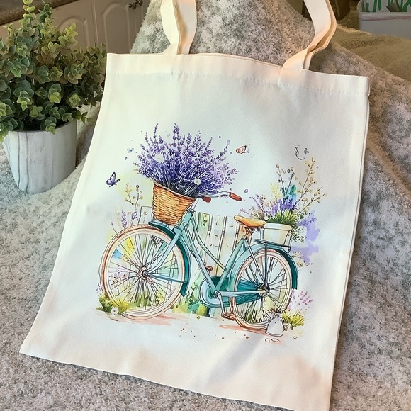 unbranded Handbags - French Lavender Bicycle Canvas Tote Bag NWT 13.5” x 15”